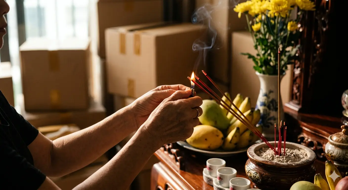 Gia chủ thắp nhang trong lễ cúng về nhà mới