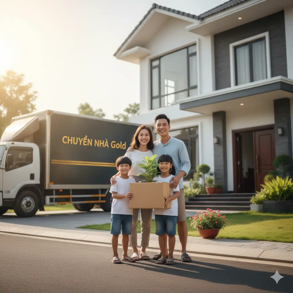 Hình ảnh gia đình rạng rỡ trước cửa nhà mới, biểu trưng cho sự khởi đầu tốt đẹp.
