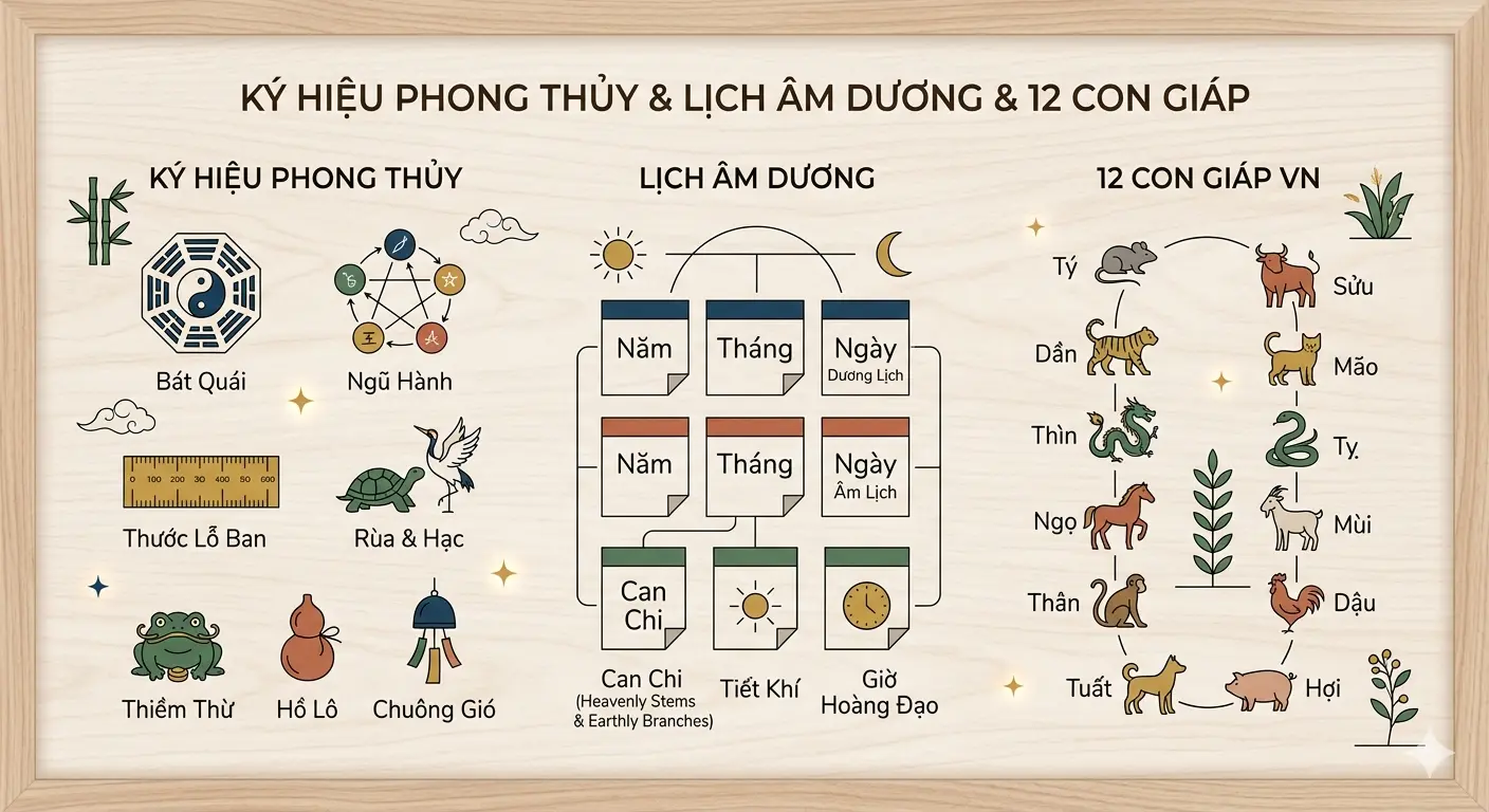 Minh họa các yếu tố cần thiết để tính toán ngày đẹp chuyển phòng trọ theo tuổi.