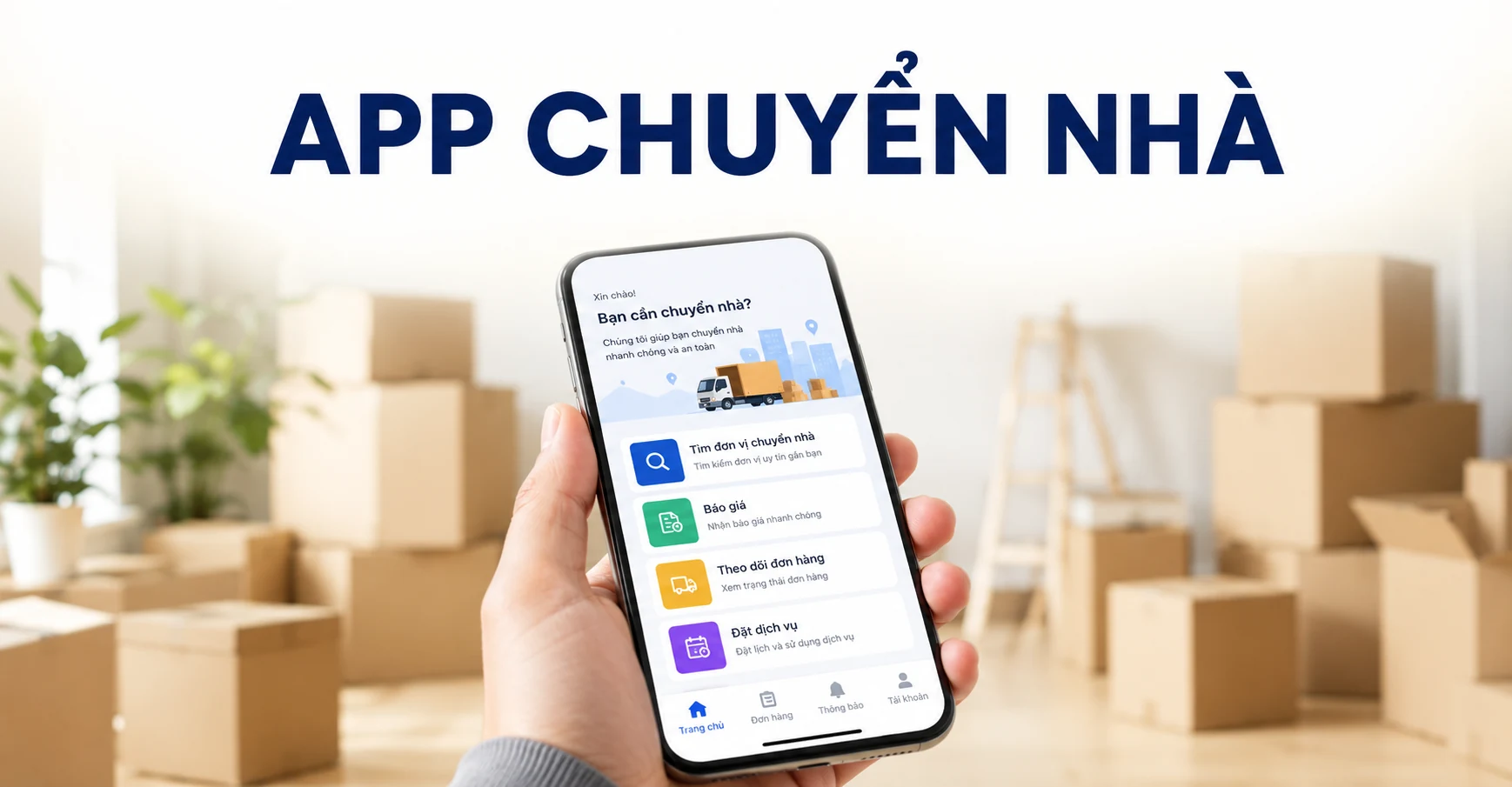 App chuyển nhà giúp khách hàng đặt xe, báo giá và theo dõi đơn hàng nhanh hơn khi cần vận chuyển đồ đạc.