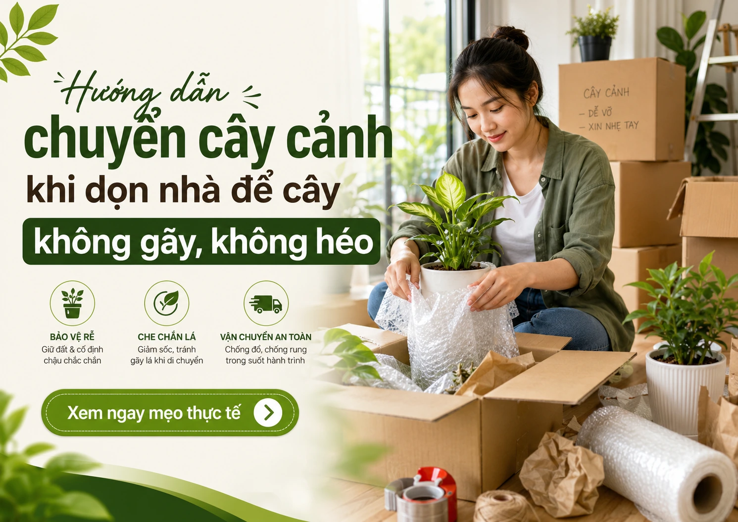 ách chuyển cây cảnh khi chuyển nhà an toàn, giúp khách hàng đóng gói chậu cây, bảo vệ lá và hạn chế cây bị gãy hoặc héo.