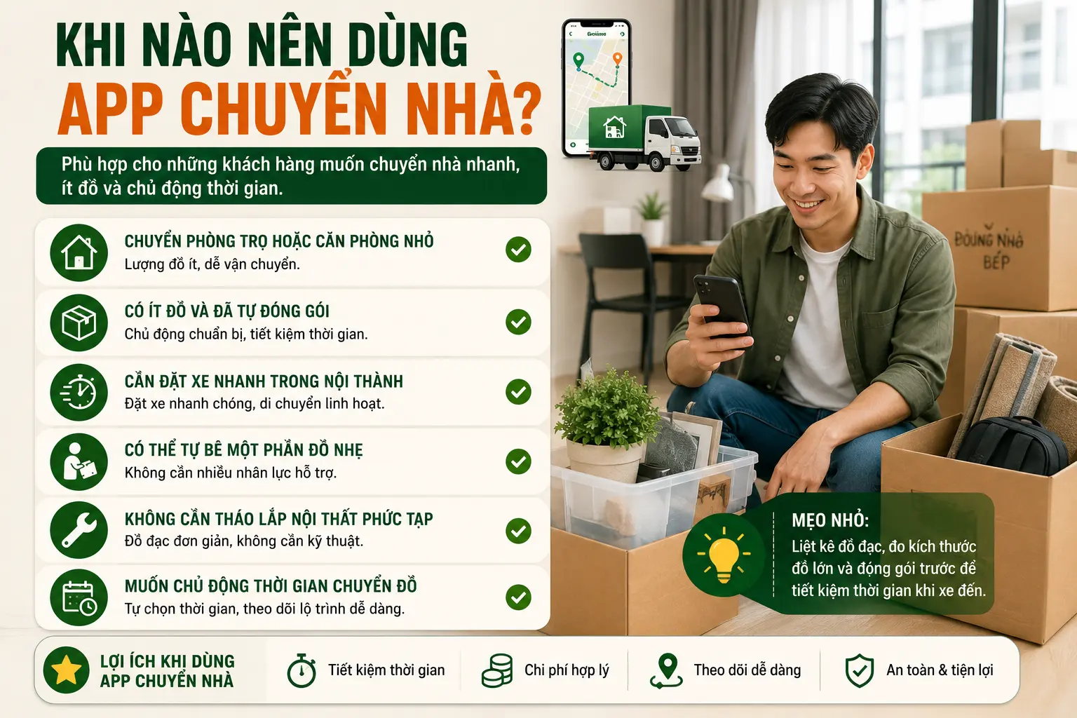 Khi nào nên dùng app chuyển nhà cho khách hàng chuyển phòng trọ, ít đồ, cần đặt xe nhanh và chủ động thời gian.