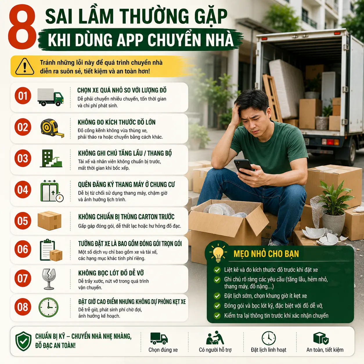 Những sai lầm thường gặp khi dùng app chuyển nhà như chọn xe quá nhỏ, không đo đồ lớn, quên ghi chú tầng lầu.