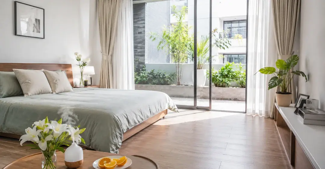 cách làm cho phòng thơm sau khi vệ sinh nhà mới bằng tinh dầu, máy khuếch tán hương, hoa tươi và không gian thông thoáng.