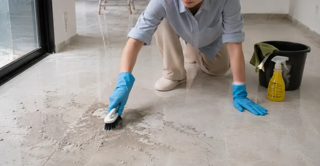 cách tẩy xi măng trên gạch sau xây dựng bằng bàn chải, dung dịch làm sạch và thao tác chà đúng cách để bảo vệ bề mặt nền nhà.