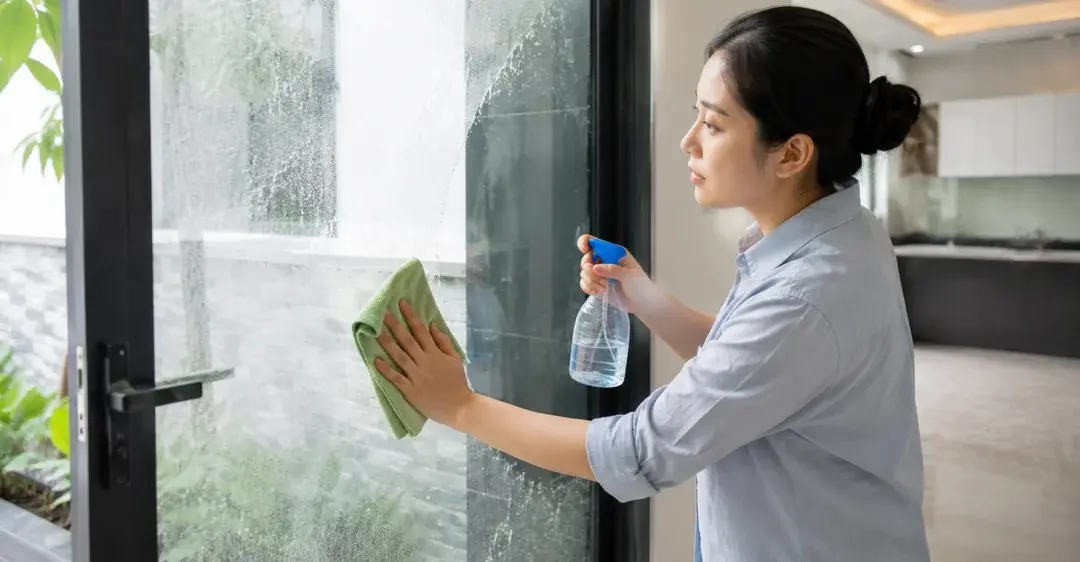 cách xử lý kính bị ố mốc và bám bụi trắng bằng khăn microfiber và dung dịch lau kính phù hợp trong nhà mới xây.